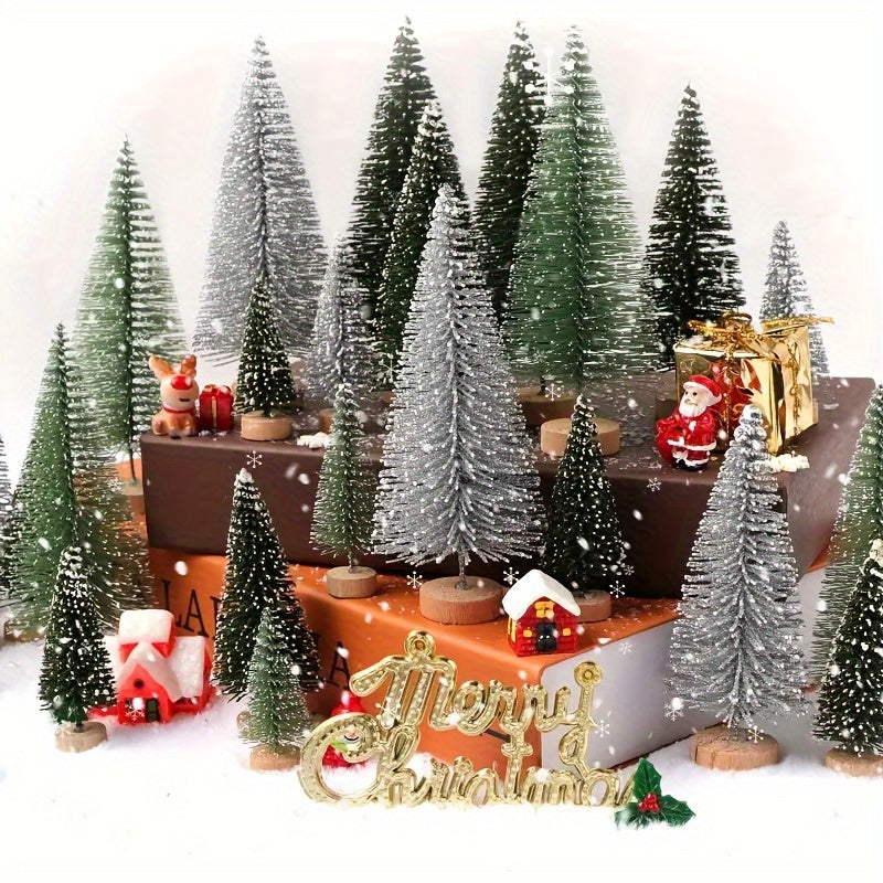 15 Pieces Mini Bendable Artificial Christmas Trees With Wooden Base - Non-Lighted Bottle Brush Tabletop Decorations For Holidays