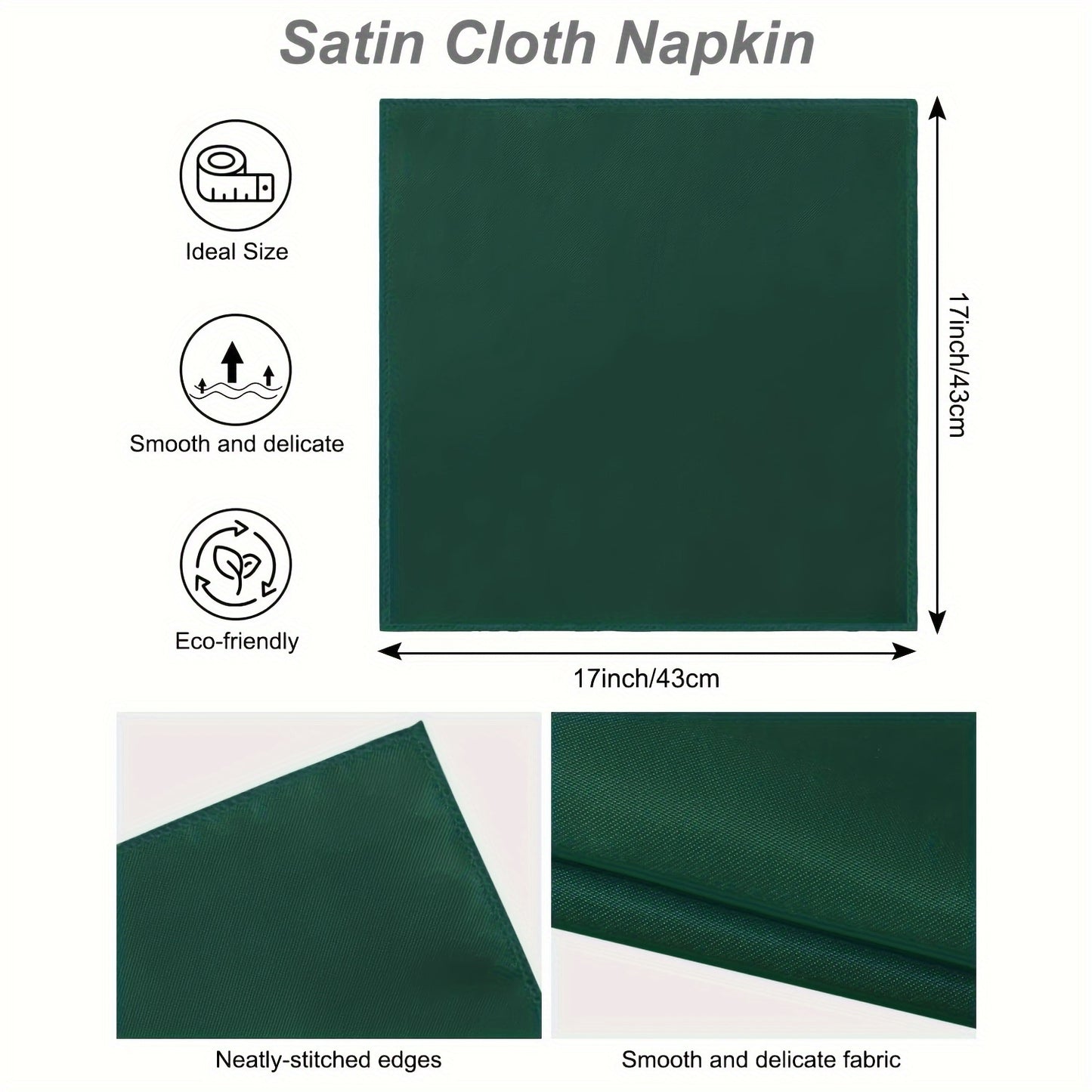 12 Pack Forest Green Satin Dinner Napkins with Golden Napkin Rings - Perfect for Christmas or Wedding Receptions