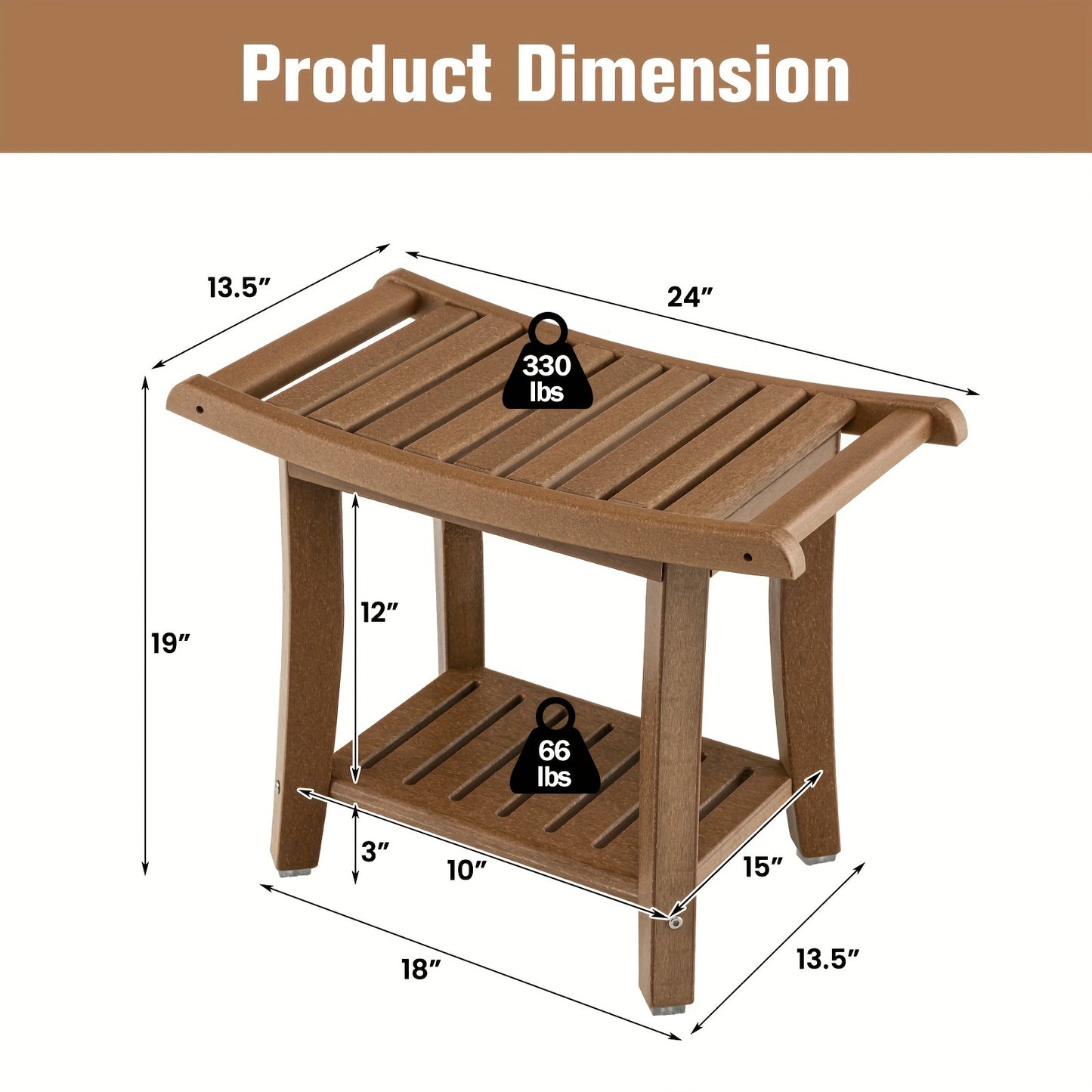 2-Tier Heavy Duty Waterproof Shower Bench with Storage Shelf Brown Spa Bath Stool