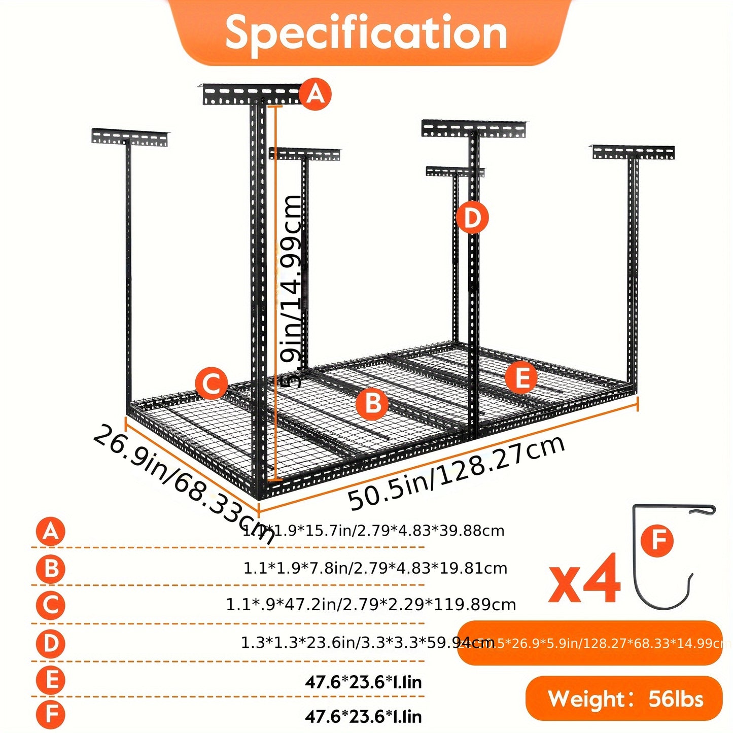 Rengue 4 X 8FT Adjustable Height Garage Ceiling Storage Racks Organization System Heavy Duty Cold Rolled Steel Storage Rack For Garage, Warehouse With Hooks