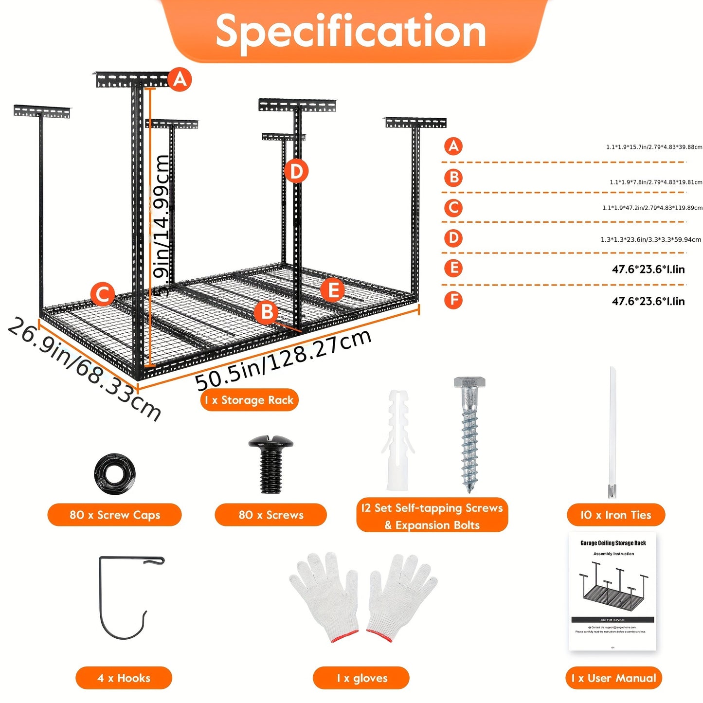 Rengue 4 X 8FT Adjustable Height Garage Ceiling Storage Racks Organization System Heavy Duty Cold Rolled Steel Storage Rack For Garage, Warehouse With Hooks