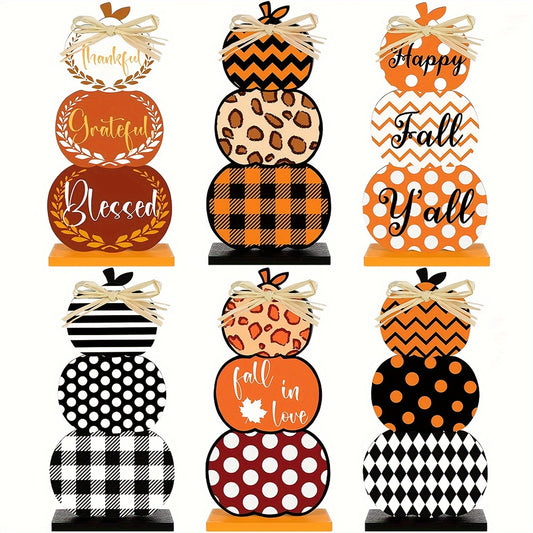 Seasonal Pumpkin Wooden Decor Set - Contemporary Style Tabletop Figurines for Thanksgiving, Halloween, Christmas - Autumn Harvest Festive Home Decoration, Non-Electric with No Feathers - Holiday Themed Ornaments