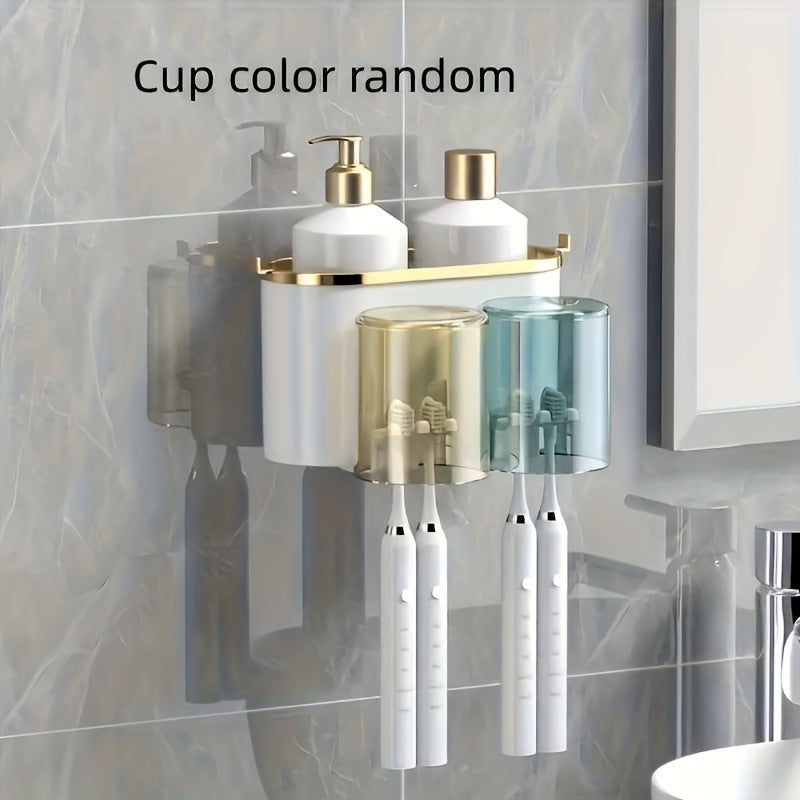 1 Set Of Multifunctional Wall Mounted Toothbrush Holder With Toothpaste Squeezer, Cup Holder, Toothpaste And Mouthwash Storage, Bathroom Accessories, Bathroom Storage And Organization