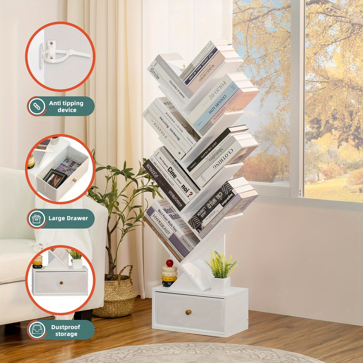 8-Tier Free Standing Wooden Tree Bookshelf with Drawer - Space Saving Storage Organizer for Books, CDs, Vinyl Records - Ideal for Living Room, Bedroom, Home Office, White Finish