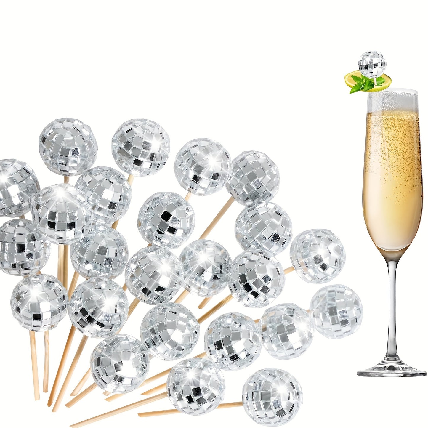 Disco Ball Cocktail Picks & Cupcake Toppers - 12/24/48/60pcs, 4.7" Silvery Mirror Finish, Perfect for 70s Theme Parties, Weddings, Birthdays, Christmas & New Year's Decorations