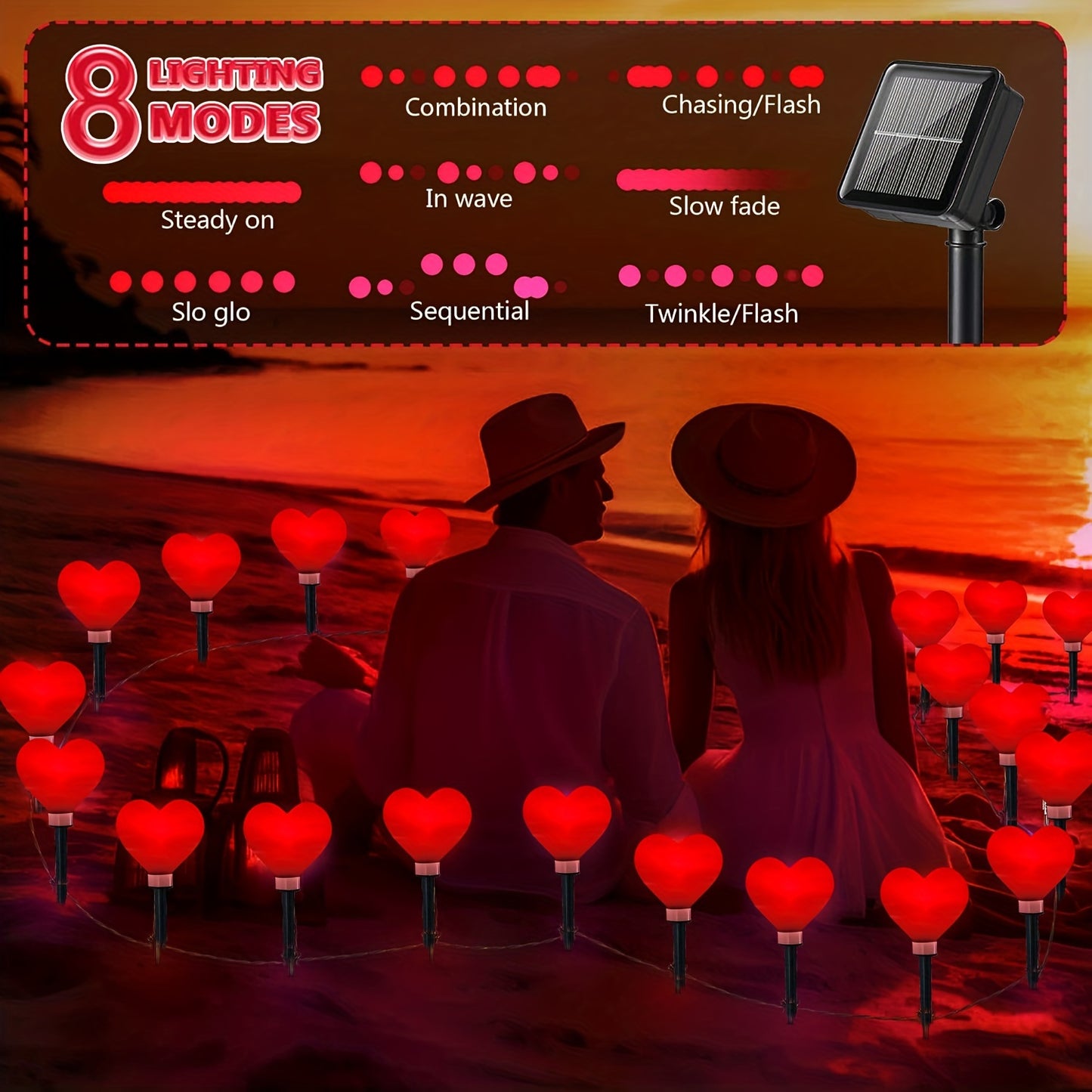 12pcs Heart-Shaped Solar Light, Waterproof Decoration Light With 8 Modes For, Valentine's Day Decorative Light