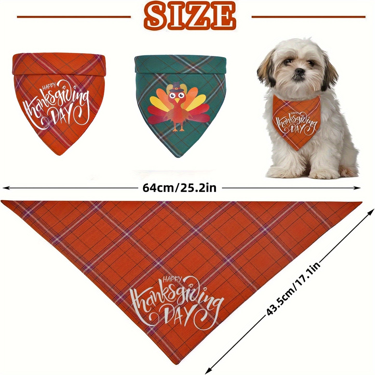 Festive Pet Bandanas: 2-Pack of Soft and Durable Dog Scarves - One in Orange Plaid with 'Happy Thanksgiving' and One in Green Plaid with a Cute Turkey Design. Perfect for Your Pet's Fall and Winter Outings. Suitable for Mediu