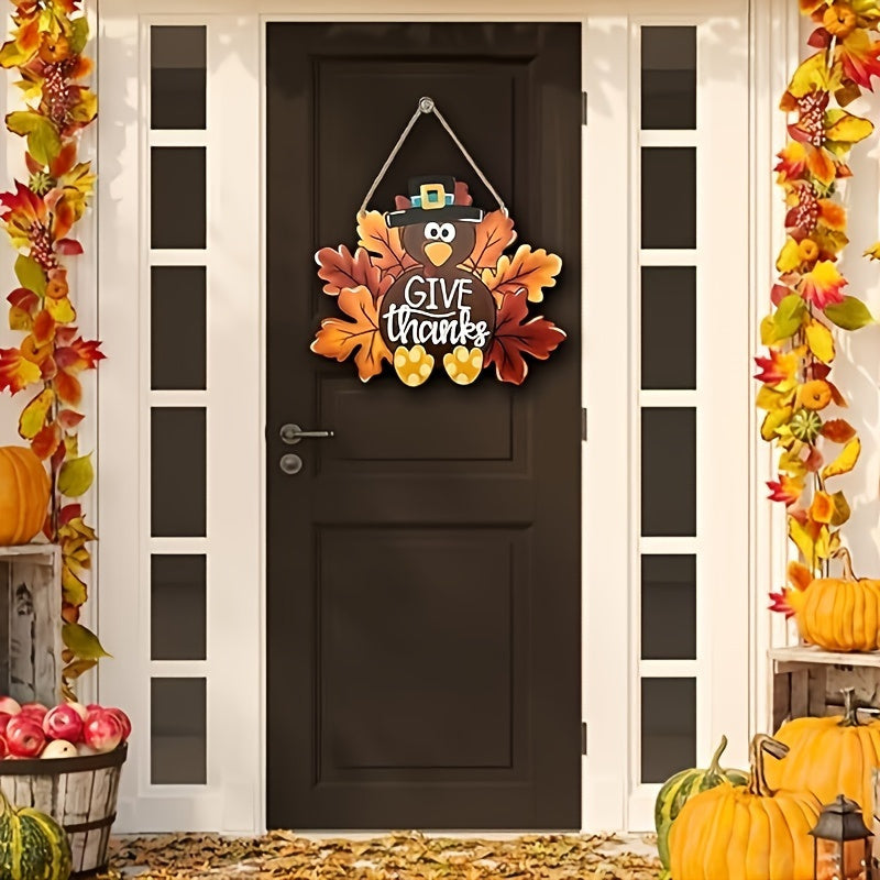 Thanksgiving Turkey Wooden Door Hanger - Autumn Thankful Wreath for Outdoor Porch Decor, No Power Needed