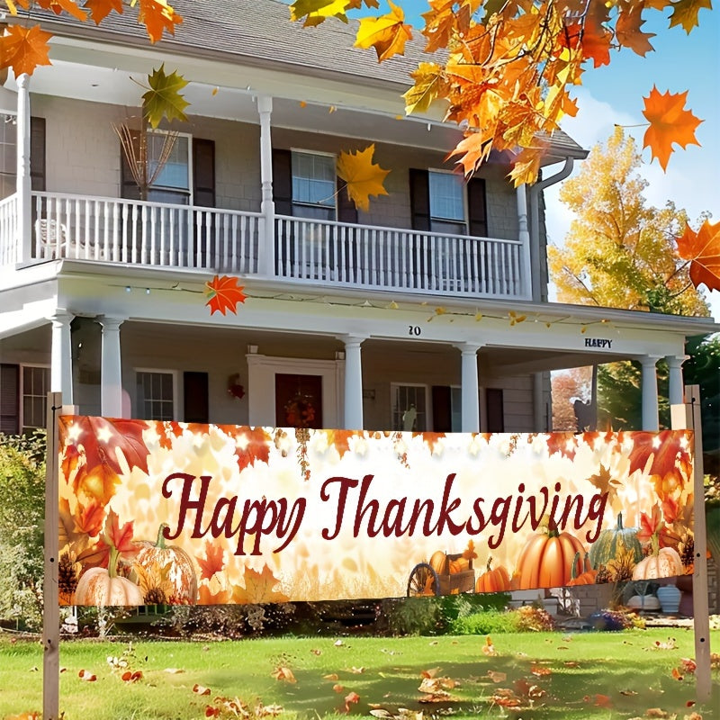 Happy Thanksgiving Banner - 118"x18" Vibrant Pumpkin Harvest Scene, Durable Polyester Outdoor & Indoor Decor for Home, Party, Photo Booth - Includes Free Installation Kit & String Lights