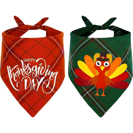 Festive Pet Bandanas: 2-Pack of Soft and Durable Dog Scarves - One in Orange Plaid with 'Happy Thanksgiving' and One in Green Plaid with a Cute Turkey Design. Perfect for Your Pet's Fall and Winter Outings. Suitable for Mediu