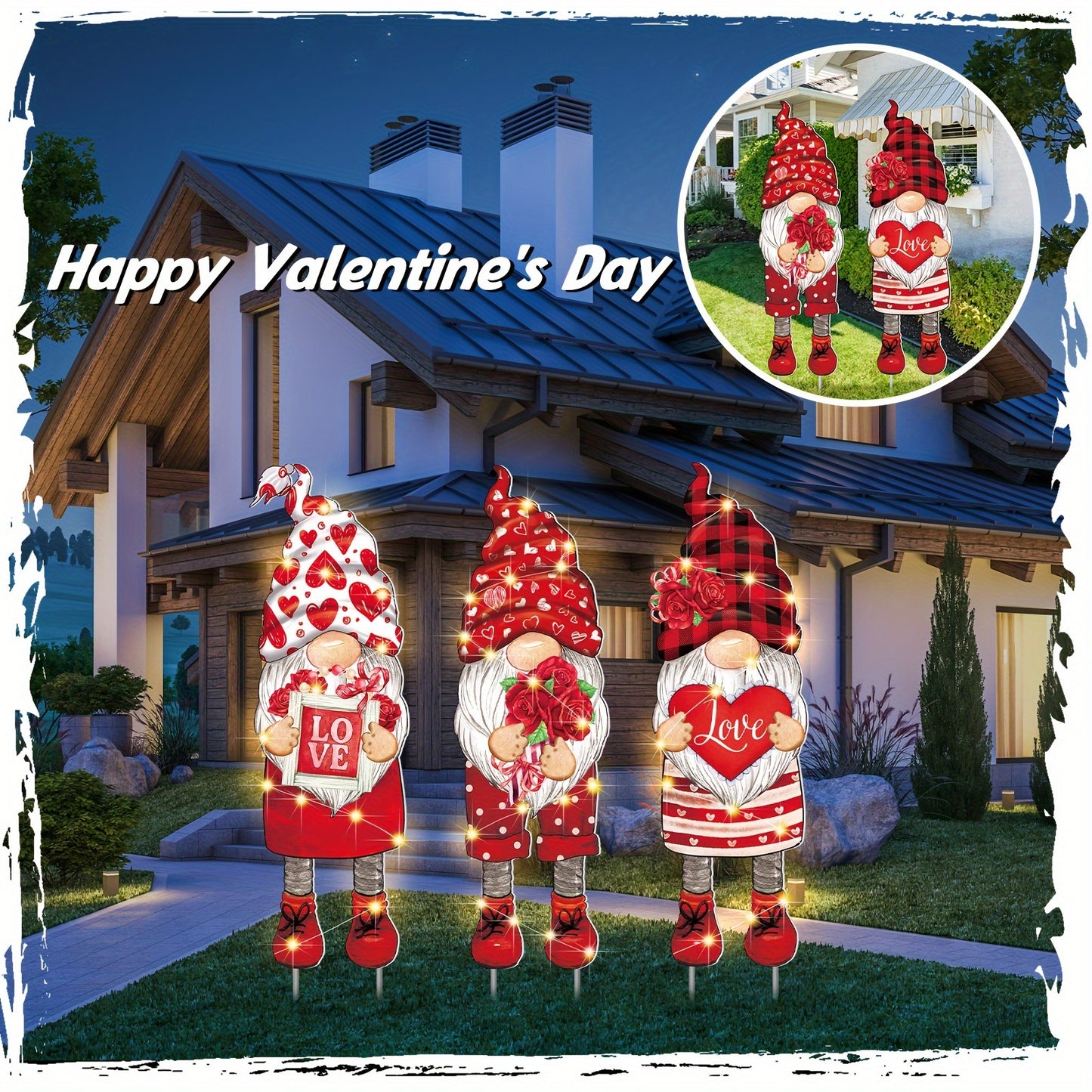 3 Pcs Valentine's Day Yard Sign Gnome Outdoor Decorations With Stakes LED Lighted Lawn Gnomes Heart Flower Love Outdoor Sign For Valentine Party Anniversary Wedding Lawn Garden Yard