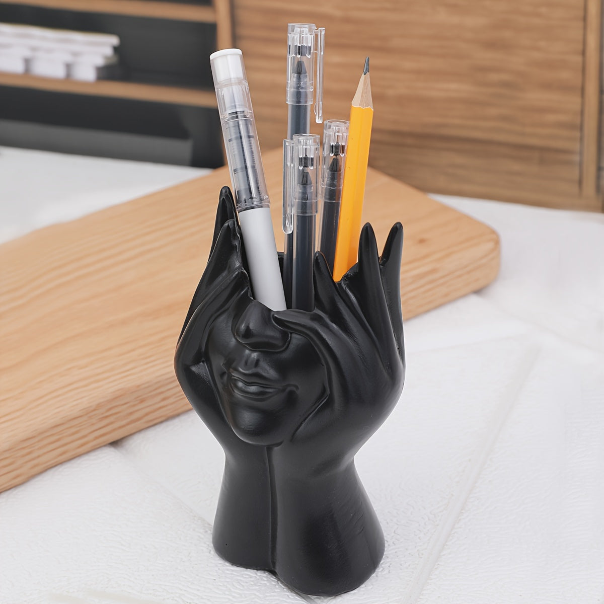 1pc Unique Resin Face-Holding Hand Gesture Pen Holder - Artistic Desk Organizer for Office and Home Decor - Functional Decoration for Workspace and Living Room