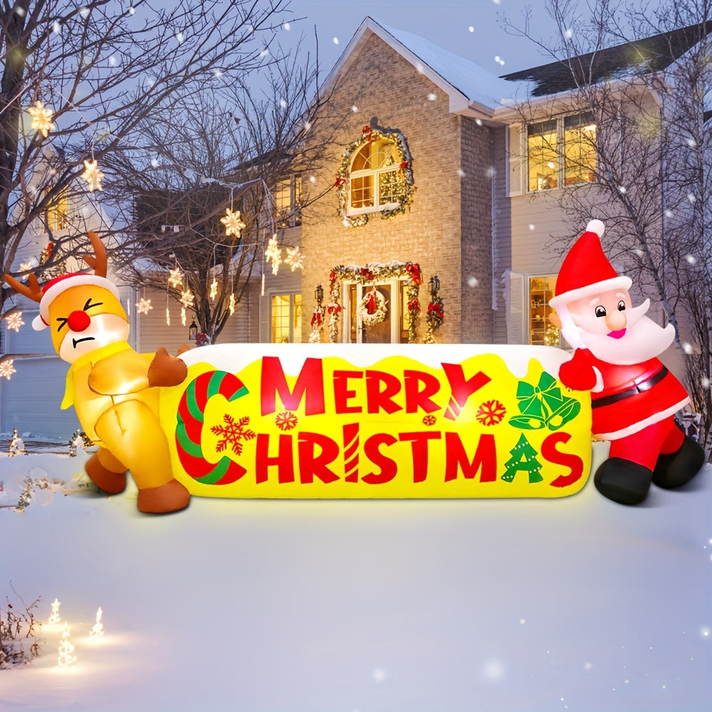 10FT Merry Christmas Inflatable Outdoor Decoration - Blow-Up Yard Santa and Reindeer Banner with LED Lights for Xmas Party Holiday Garden Lawn Winter Decor