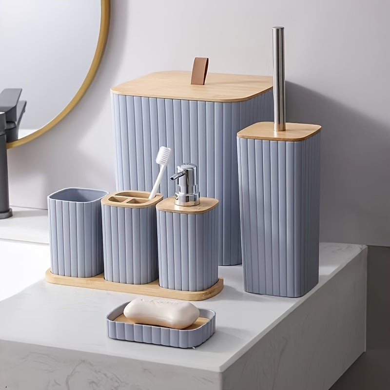 Elegant 6-Piece Striped Bathroom Set with Bamboo Lid - Plastic, Reusable, and No Electricity Required