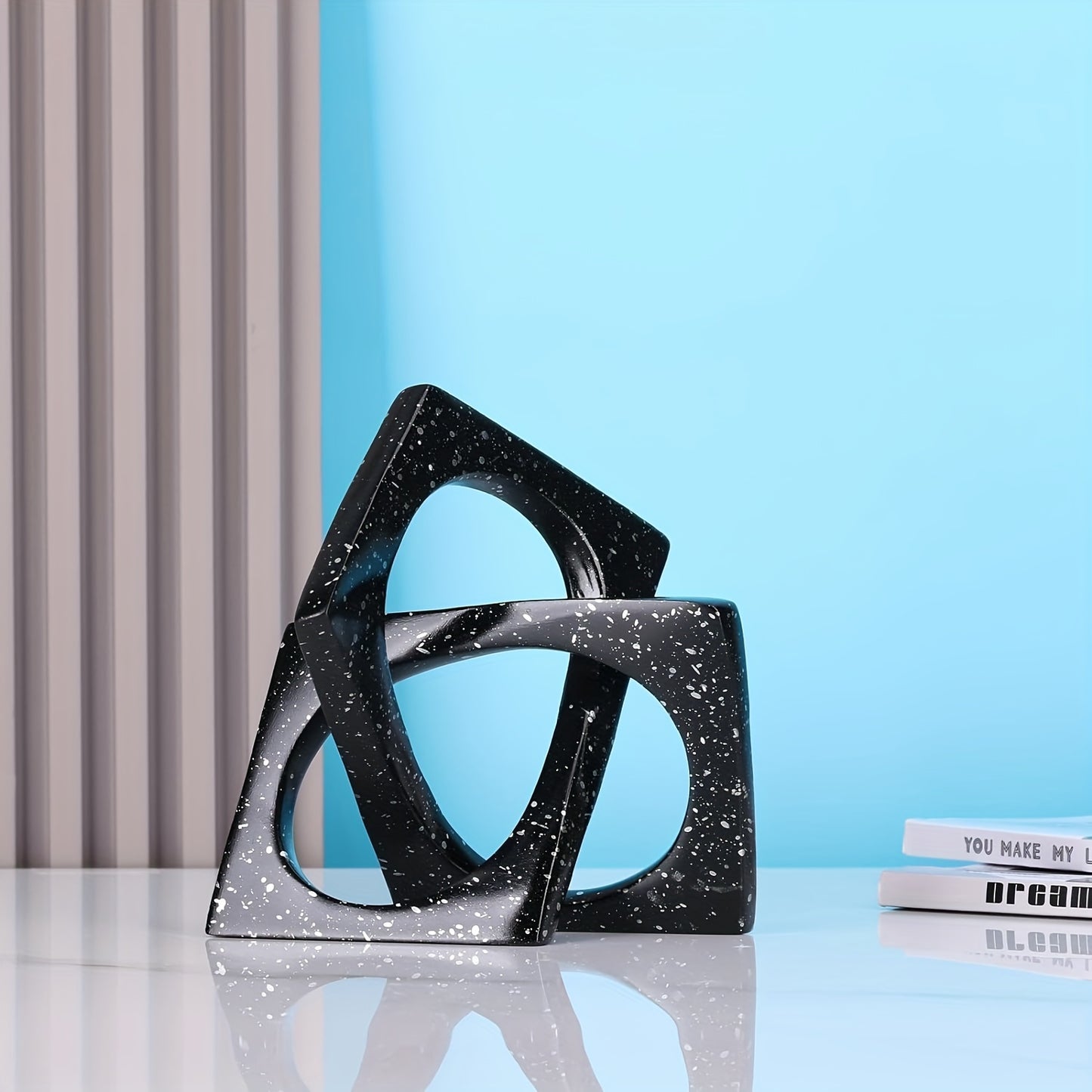 Black Geometric Sculpture Modern Knot Statue Decor for Home, Tabletop Cube Decoration and Black Bookcase Centerpiece