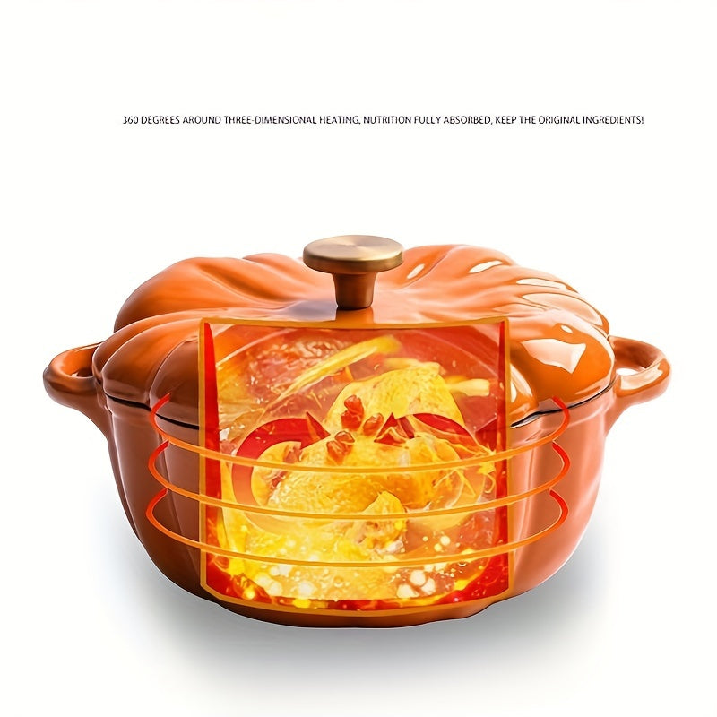 1pc, Double-ear Pumpkin Enamel Stew Pot, Enamel Soup Pot, Special Multi-functional Enamel Soup Pot, Electromagnetic Cooker General, Kitchen Supplies