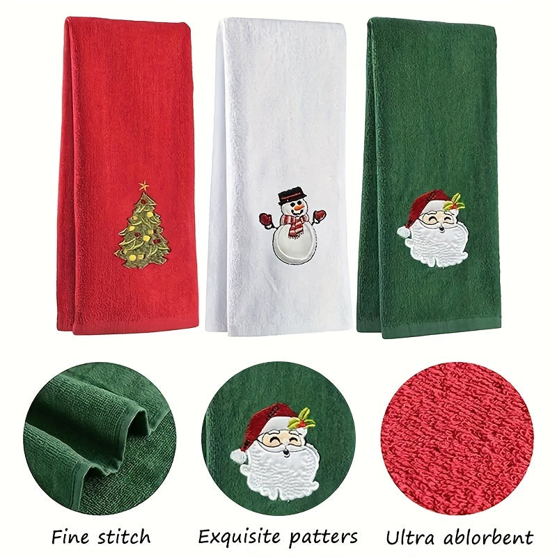 Christmas Towel Set - 3-Piece Holiday Cotton Bath & Kitchen Towels with Embroidered Santa, Snowman, and Christmas Tree - 98% Cotton 2% Microfiber Festive Home Warming Gift Decor