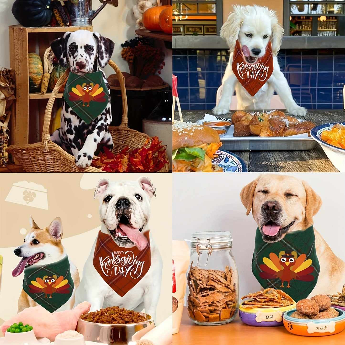 Festive Pet Bandanas: 2-Pack of Soft and Durable Dog Scarves - One in Orange Plaid with 'Happy Thanksgiving' and One in Green Plaid with a Cute Turkey Design. Perfect for Your Pet's Fall and Winter Outings. Suitable for Mediu