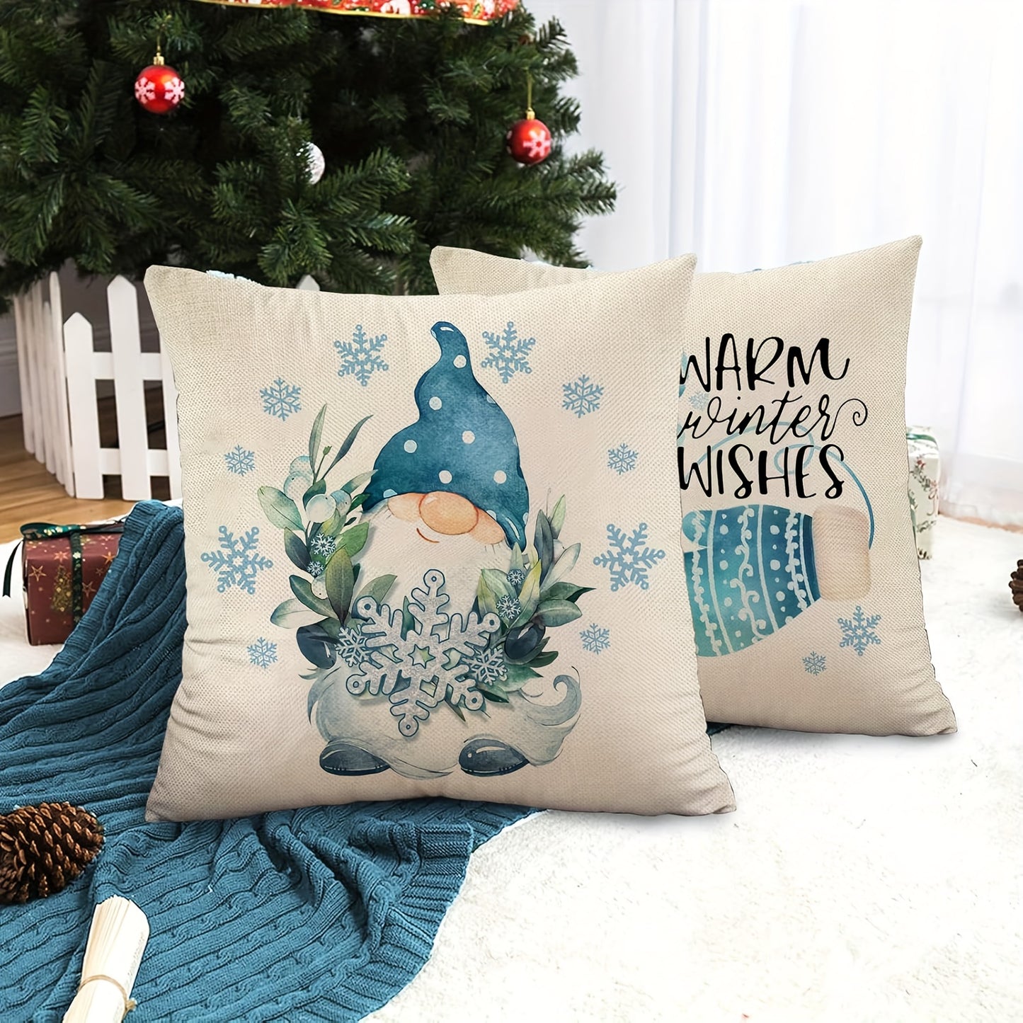 4pcs Hello Winter Warm Wishes Gnome Throw Pillow Cover Cardinal Let It Snow Blue Mitten Snowflakes Cushion Case, Bicycle Red Bird Snowman Farmhouse Home Decoration Pillowcase Decors 18inxhX18inch No Pillow Insert