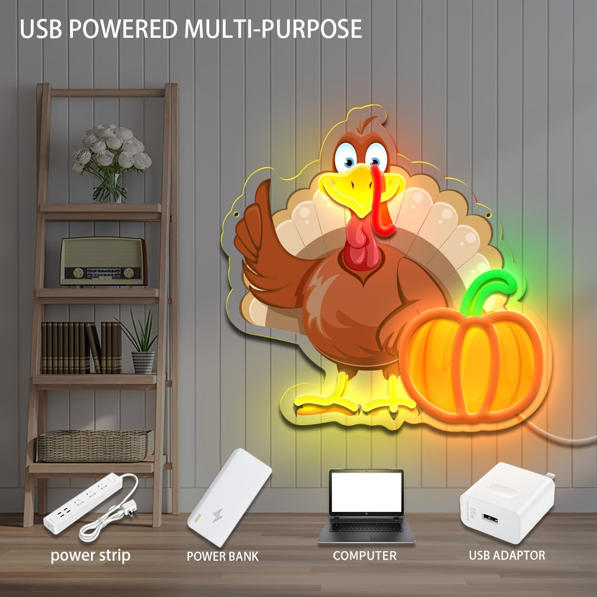 Thanksgiving Turkey Neon Sign, Plastic Wall Hanging Push Button Control, Multipurpose USB Powered Decorative Light with One Fixed Color, Non-Wireless with No Battery Required