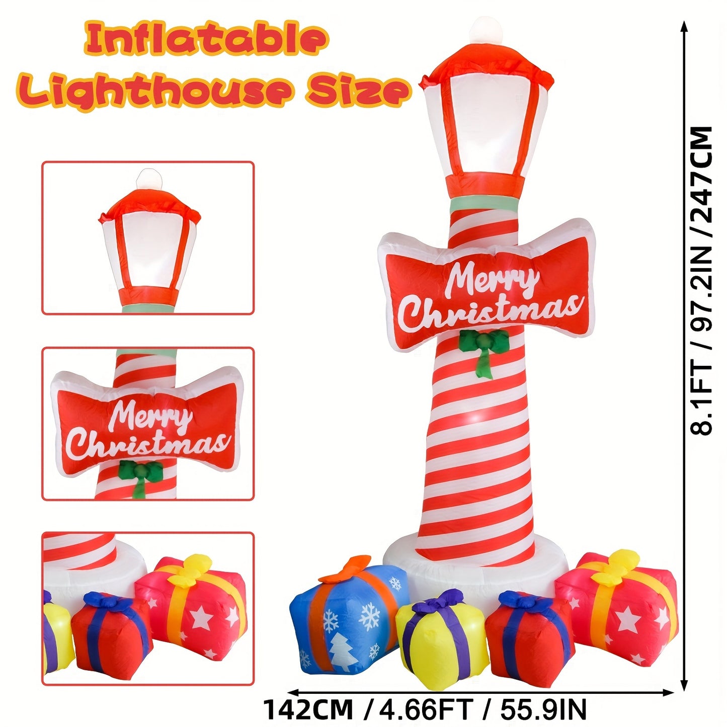 8.1FT Christmas Inflatable Lighthouse with Gift Boxs, Christmas Blow Up Yard Decorations Christmas Inflatables with LED Lights for Holiday Party Outdoor Garden Yard Lawn Decor