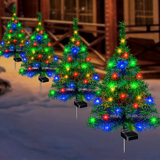 (4 Ordinary Solar Christmas Trees) Christmas Outdoor Holiday Christmas Tree Decoration Solar Light - IP65 Waterproof Christmas Tree Color Light Atmosphere Garden Light Suitable For Courtyard Path Lawn Decoration Can Give Gift