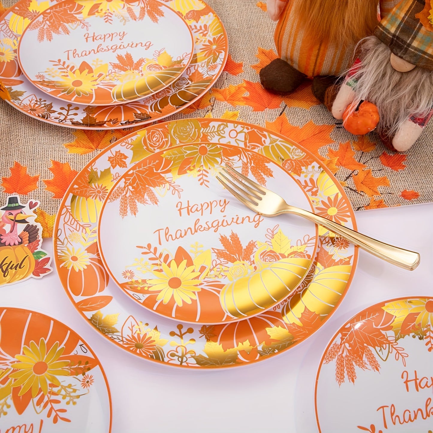 150pcs Thanksgiving Dinnerware Sets WELLIFE A, Plastic Plates with Maple Leaf Design, Includes 30 Dinner Plates, 30 Salad Plates, 30Knives, 30Forks, 30Spoons