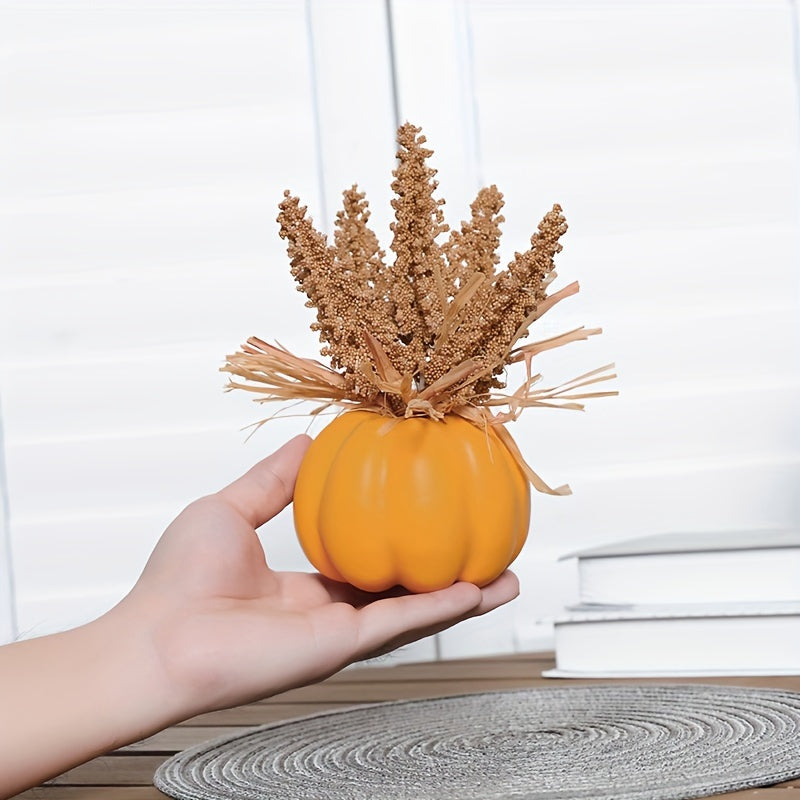 2 Pcs Festive Pumpkin Decorations: Artificial Foam Plastic Pumpkins with Wheat Stems, Perfect for Fall Festivities and Thanksgiving Decor