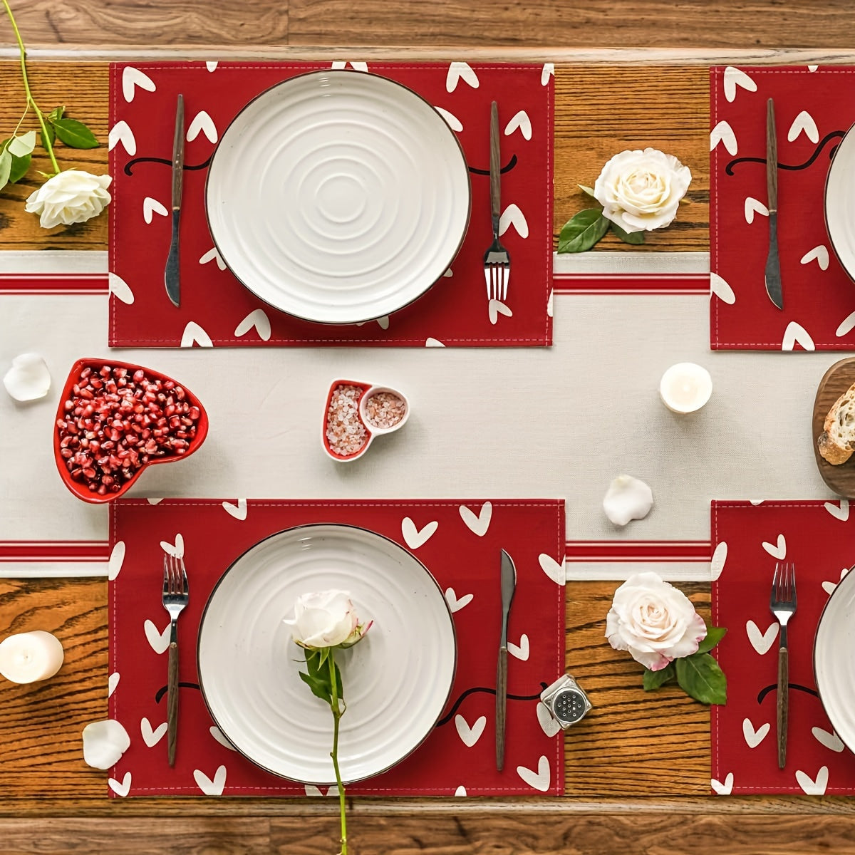 4pcs Happy Valentine's Day Linen Placemats - Romantic White Heart Loving Letter Pattern Red Table Pads for Dining Room - Holiday Party Decor, Easy to Clean, Heat Resistant, and Non-Slip Place Mats