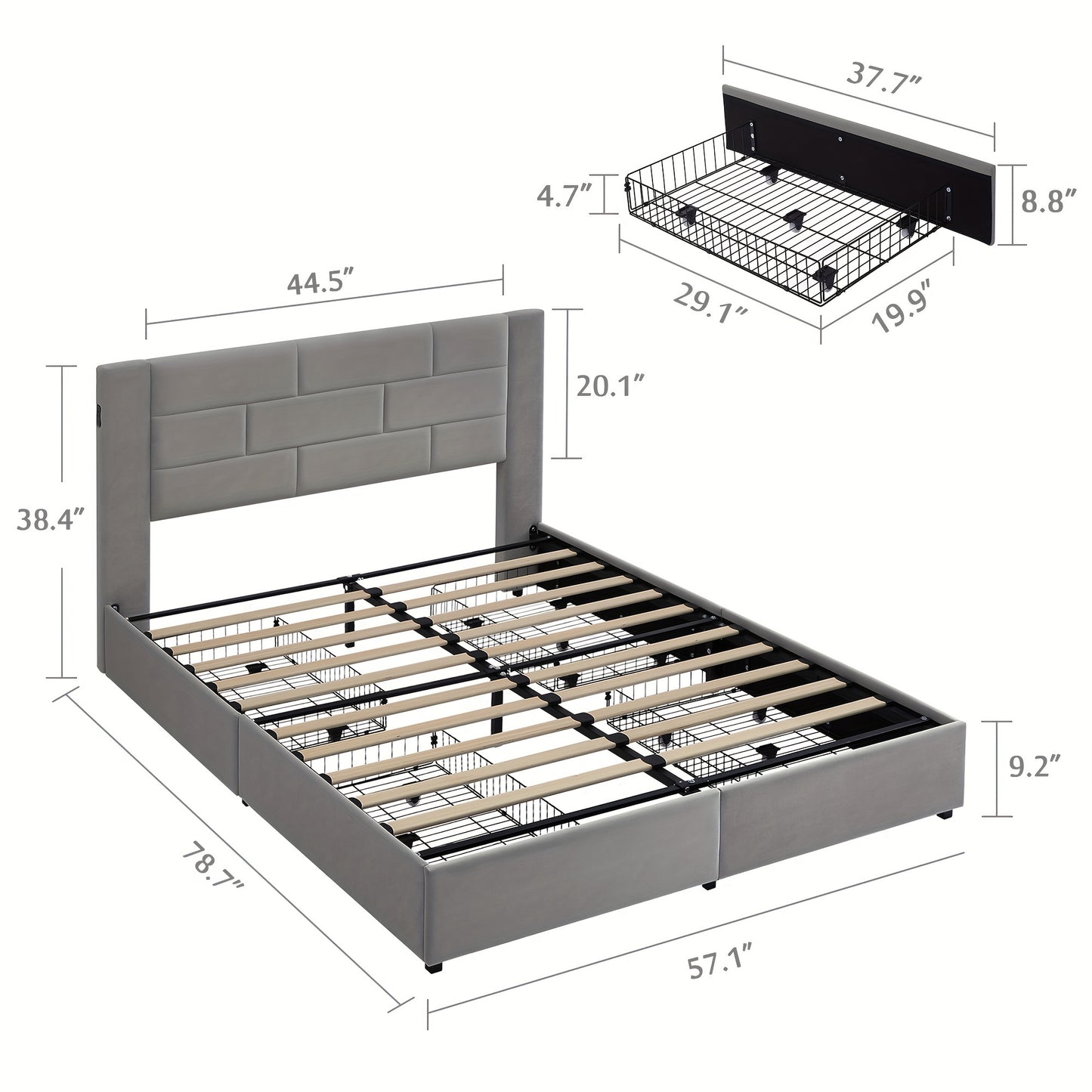 Luxury Upholstered Platform Bed with Headboard, 4 Drawers, Charging Station, Full/Queen/King Size