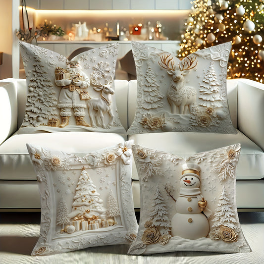 4pcs Christmas Decorations Santa Snowman Deer Floral Tree Velvet Throw Pillow Covers Funny Luxury 3D White Golden Soft Decorative Pillowcases One Sided Printing 18in*18in for Christmas Winter Living Room Bedroom Sofa Bed Deco