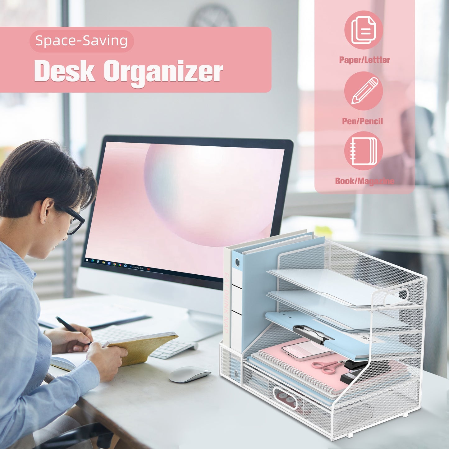 5-Tier Deluxe Desk Organizer System - Spacious File Holder, Mesh Paper Tray, Pen Holder, Drawer, and 3 Tilted File Sorter for Efficient Office Supply Storage and Organization - Sturdy, Adjustable, and Ergonomic Design for Max