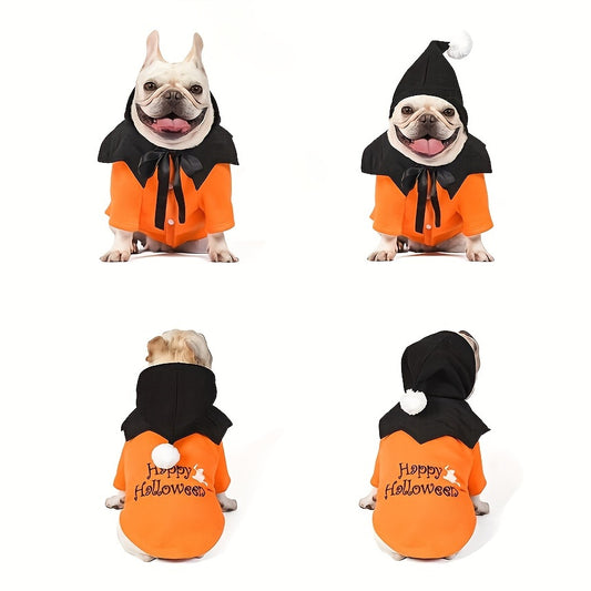 Adorable Pumpkin-Themed Pet Costume for Small Dogs - 2pcs Set with Cape and Hood, Fun Cartoon Alphabet Design, Soft Polyester, Easy to Wear