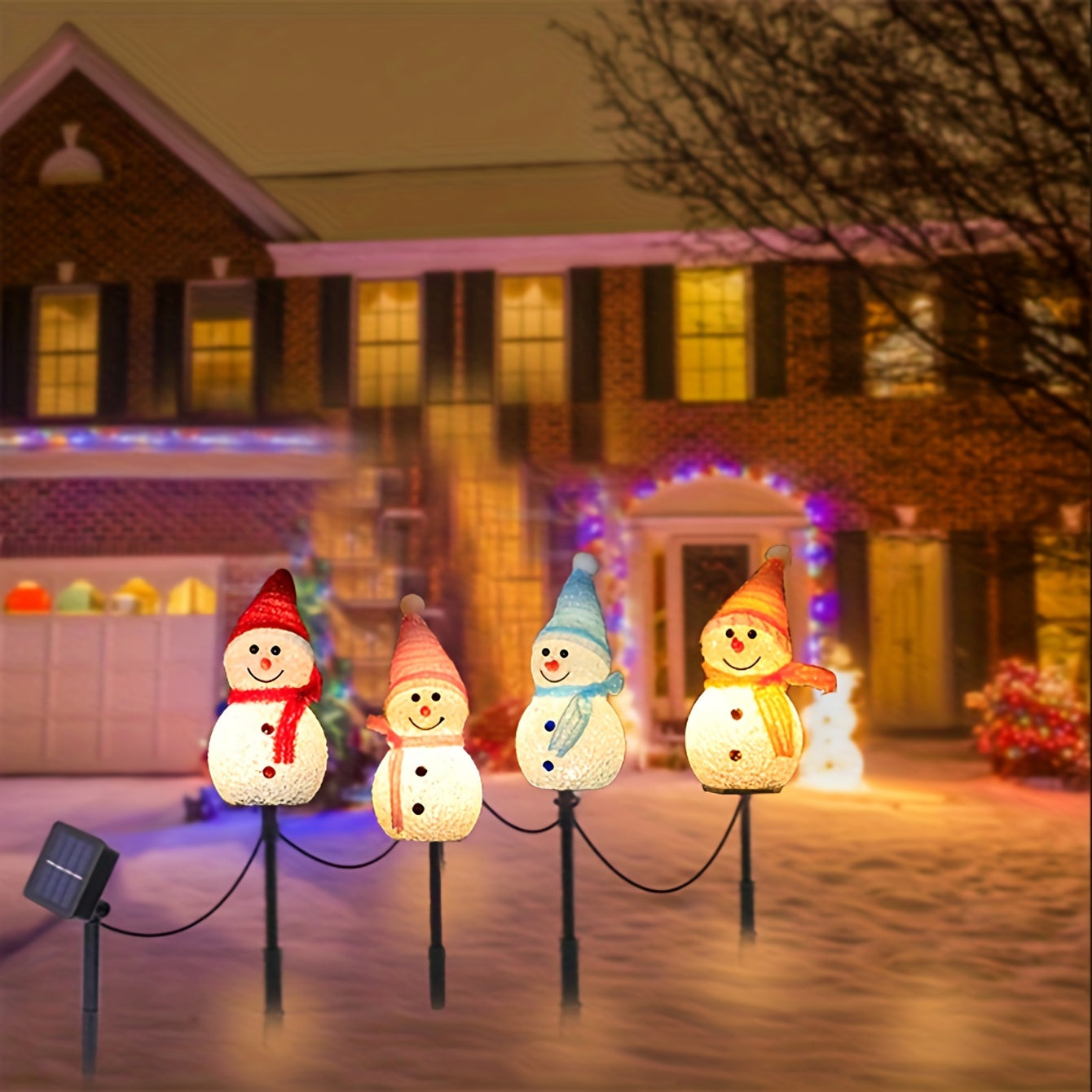 4-in-1 Solar Snowman Pile Light Christmas Patio Decoration for Front Doors, Walkways, Gardens, Lawns, Patios, Christmas Trees, Flower Beds and Winter Theme Parties