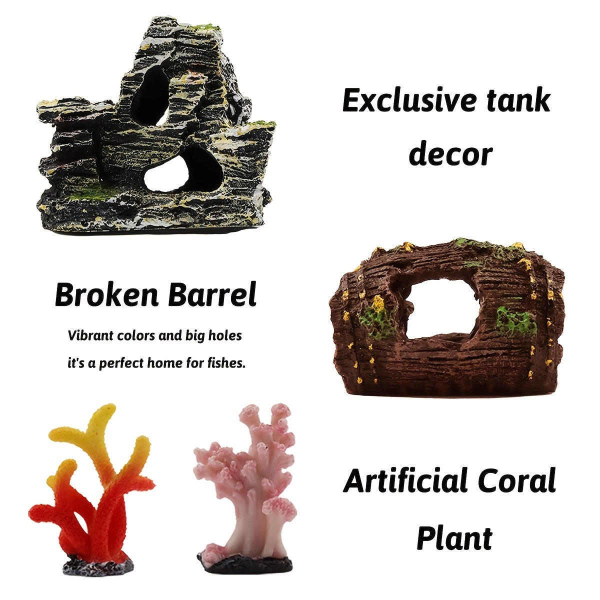 15pcs Resin Fish Tank Decorations Plants with Broken Barrel, Cave Rock View, and Plastic Plants