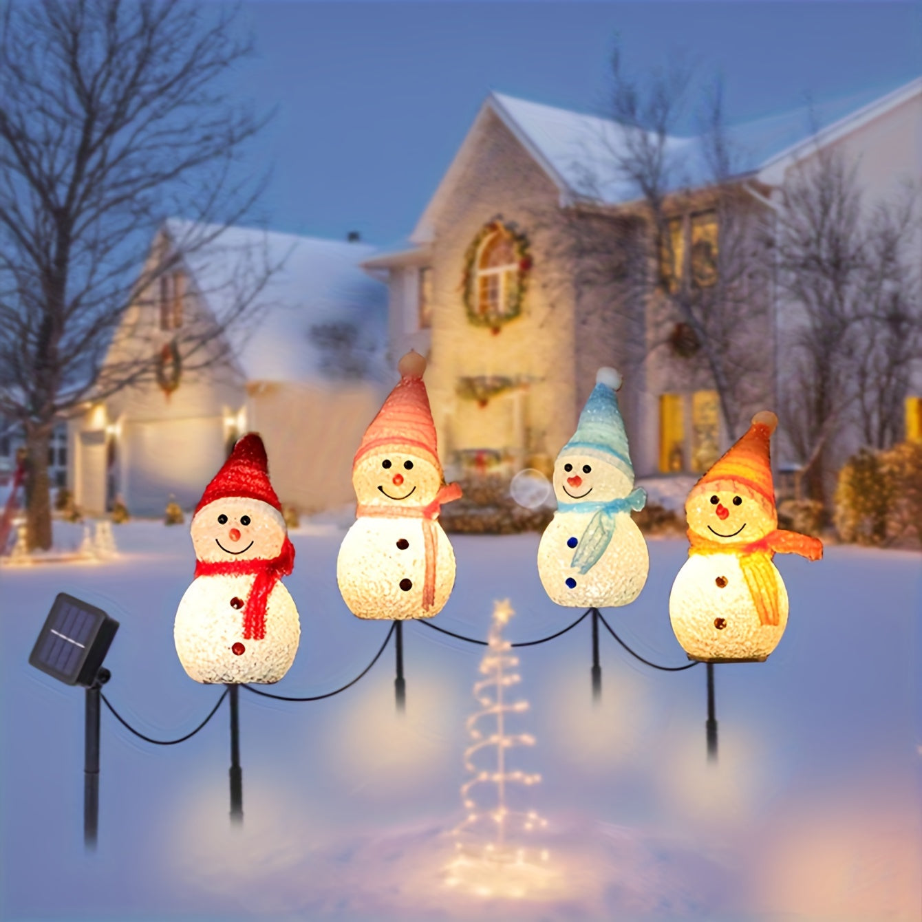 4-in-1 Solar Snowman Pile Light Christmas Patio Decoration for Front Doors, Walkways, Gardens, Lawns, Patios, Christmas Trees, Flower Beds and Winter Theme Parties