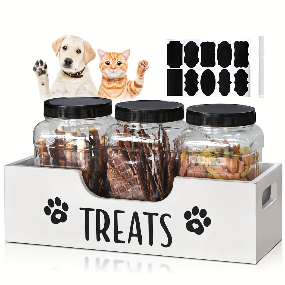 Wooden Dog Treat Container - 3 Plastic Jars, Farmhouse Pet Food Storage for Dog, Cat, Small Animal