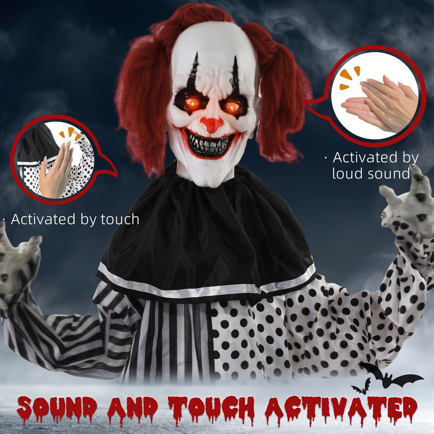 6' Life-Size Animatronic Circus Clown Decoration - Outdoor Halloween Prop with Sound, Motion, Light-Up Eyes, Talking, and Laughter - Spooky Adult Novelty