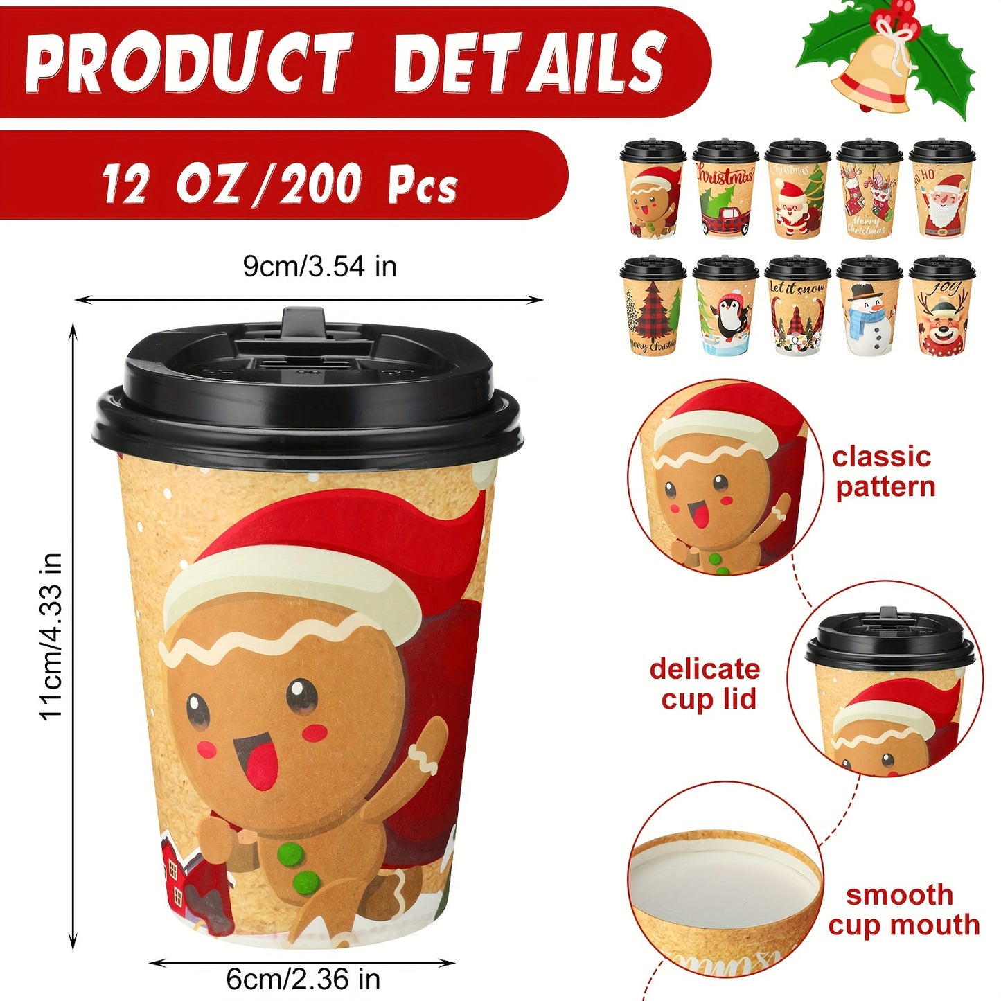 200 Pcs Christmas Disposable Coffee Cups with Lids Insulated Disposable Paper Cups Xmas Designs of Cute for Hot and Cold Drinks Tea Water Coffee Bar Supplies Winter Season, Lovely, 12 oz