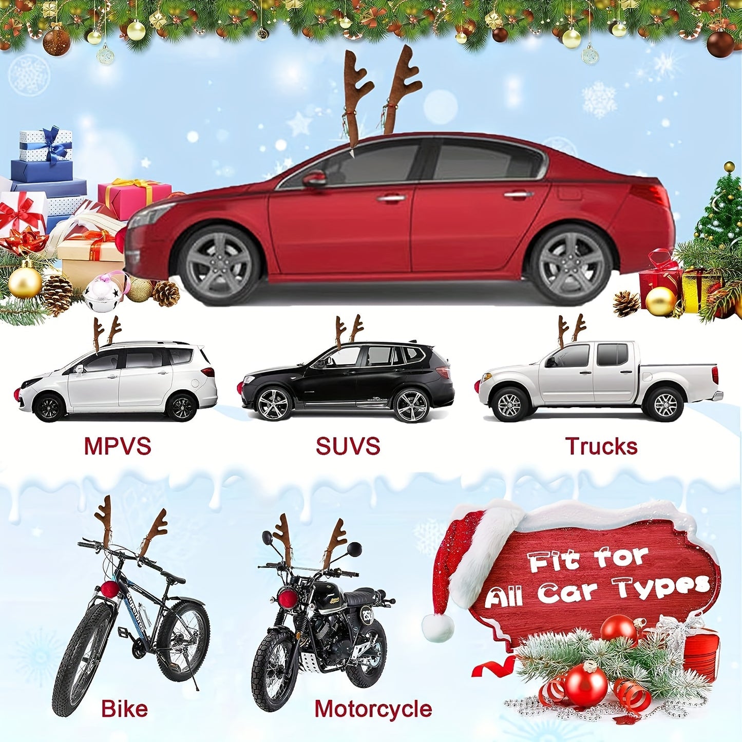 Car Reindeer Antlers & Nose - Window Roof-Top & Grille Rudolph Reindeer Jingle Bell Christmas Costume - Auto Accessories Decoration Kit