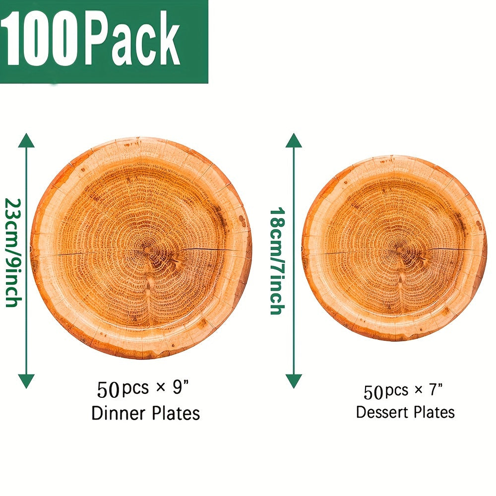 100-Pack Rustic Wood Grain Paper Plates Set - Eco-Friendly Disposable Dinnerware for Wedding, Christmas, Thanksgiving, Parties, and Gender Reveal - Round Wood Slice Design Plates for All Occasions